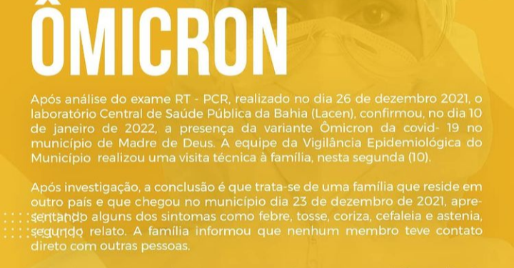 Madre de Deus: prefeitura emite nota de esclarecimento sobre o caso da variante ômicron