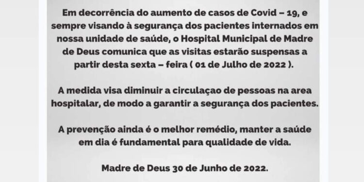Madre de Deus: Hospital emite comunicado suspendendo as visitas