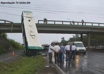 Ônibus cai do viaduto na BR 324