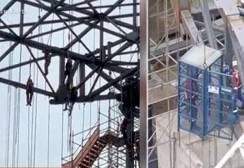 Momentos de terror para trabalhadores, um morreu e sete ficaram pendurados no topo de um prédio de 140 metros
