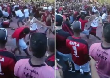 Torcedores do Vitória brigam dentro do Barradão, durante jogo contra Vila Nova