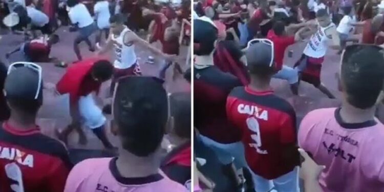 Torcedores do Vitória  brigam dentro do Barradão, durante jogo contra Vila Nova