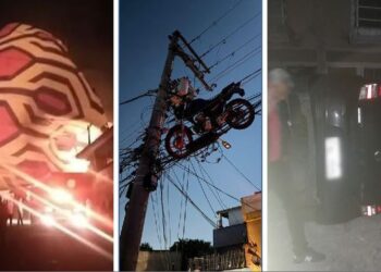 Balão arrasta carro, ergue moto, atinge rede elétrica e cai sobre imóveis e creche
