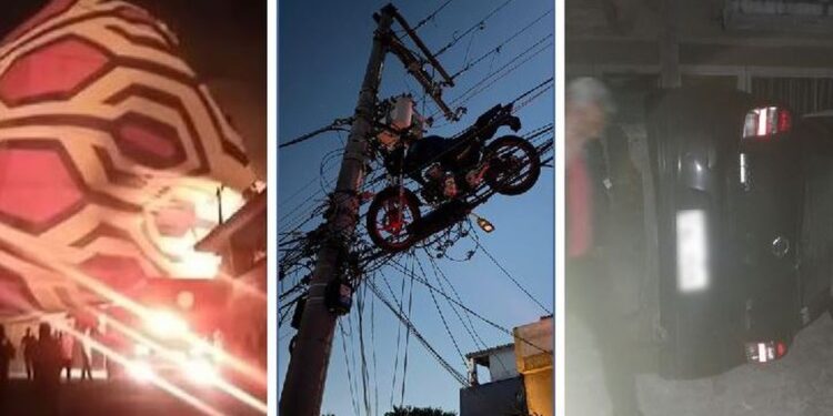 Balão arrasta carro, ergue moto, atinge rede elétrica e cai sobre imóveis e creche
