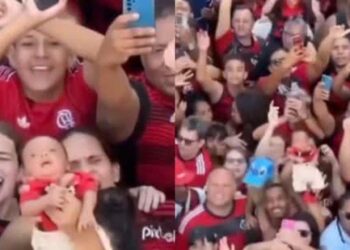 Torcedora leva recém-nascido para comemorar título do Flamengo em meio à multidão e é criticada